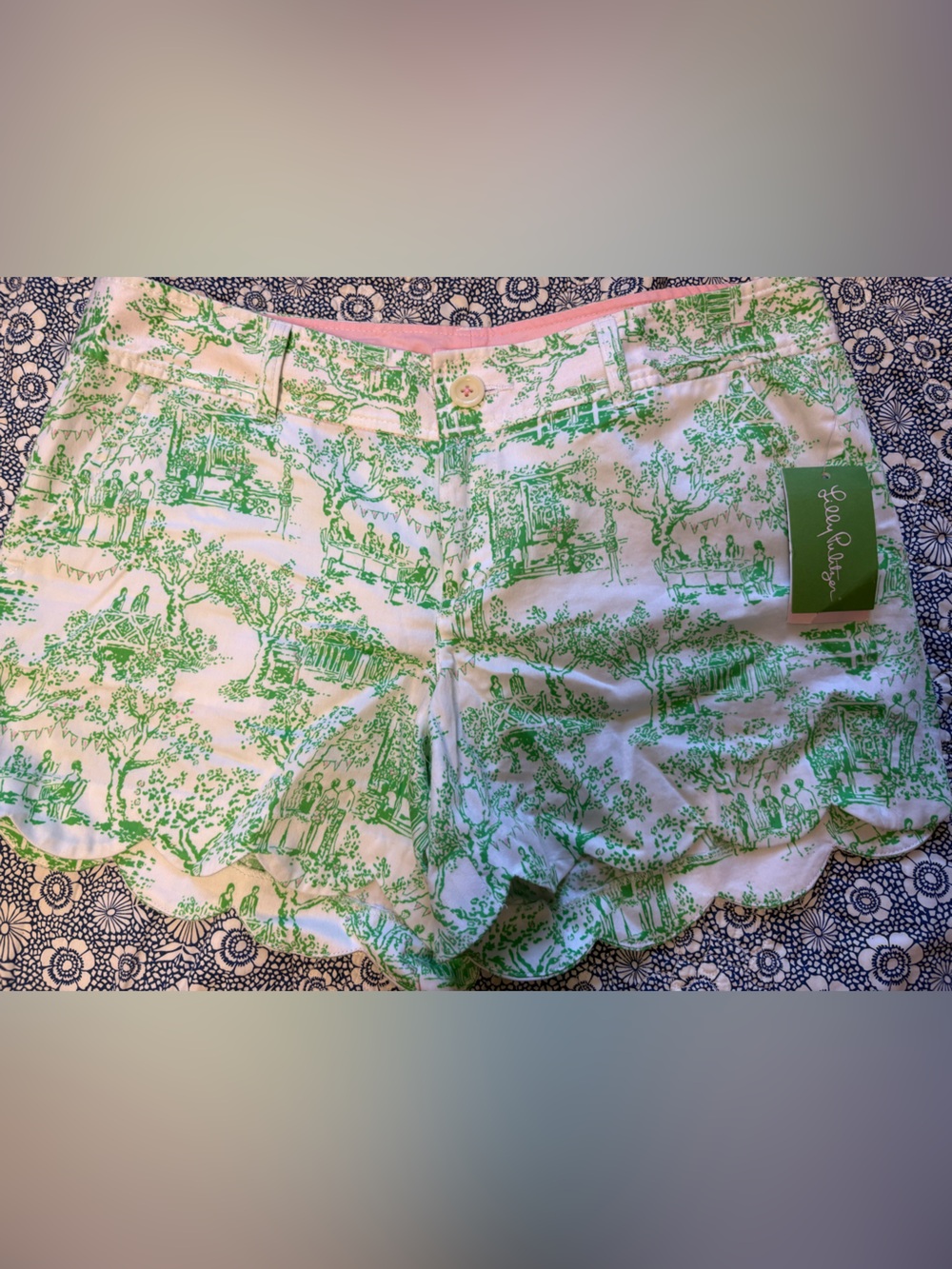 Lilly Pulitzer White Shorts with Green Toile and Pink Trim